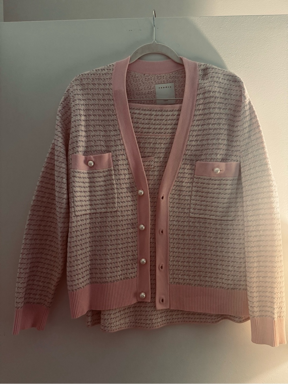 Sandro Soft Pink Pearl-Button Knit Cardigan & skirt set